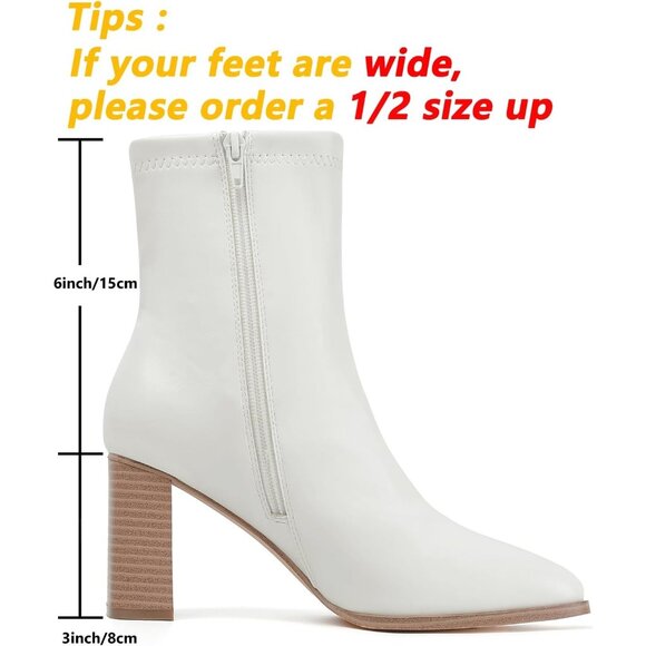 Women's White Chunky Block Heel Square Toe Side Zipper Short Booties - Picture 4 of 9